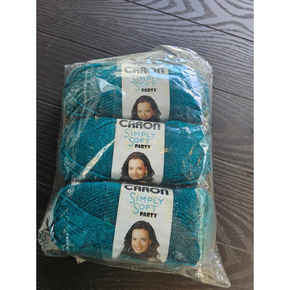 Caron Simply Soft Party Yarn Teal Sparkle 3 Skeins Medium 4 Worsted Metallic 3oz